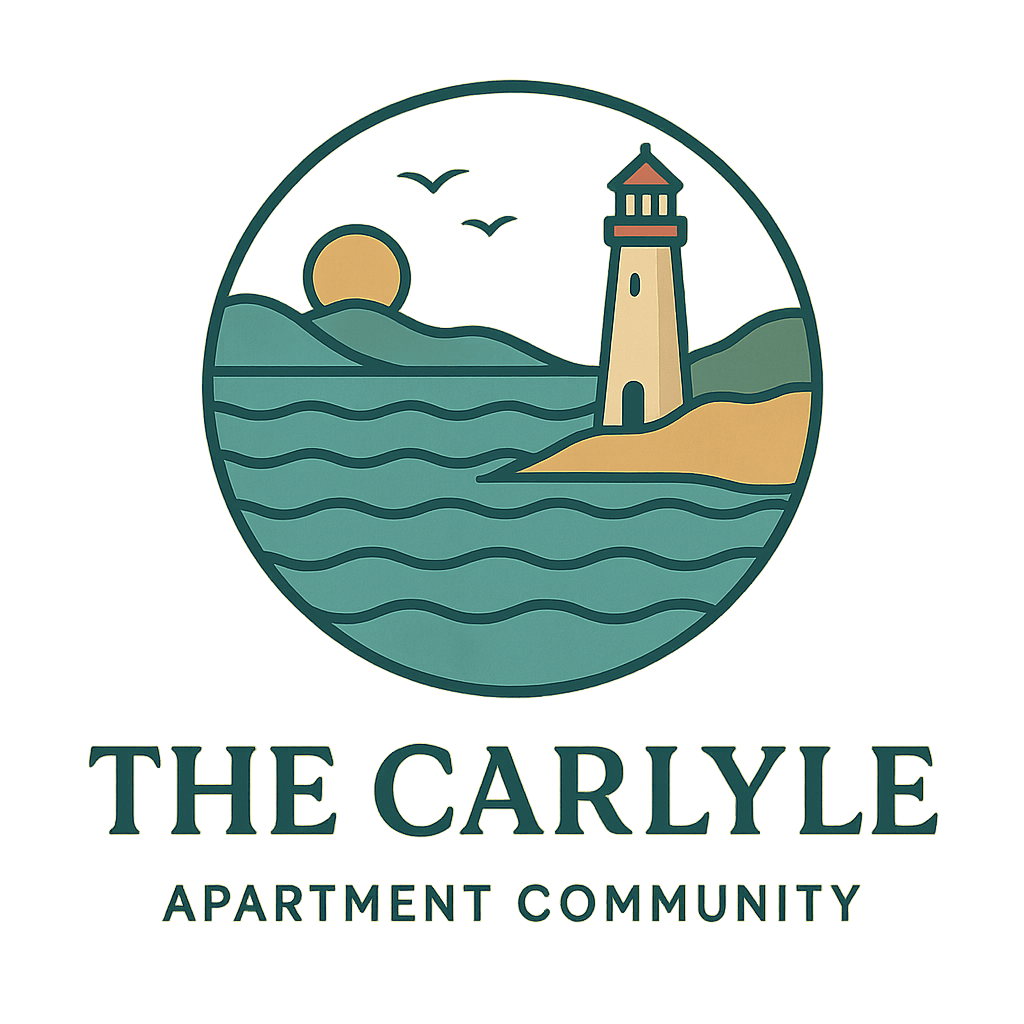 The image is a logo for "The Carlyle Apartment Community" featuring a lighthouse and waves.
